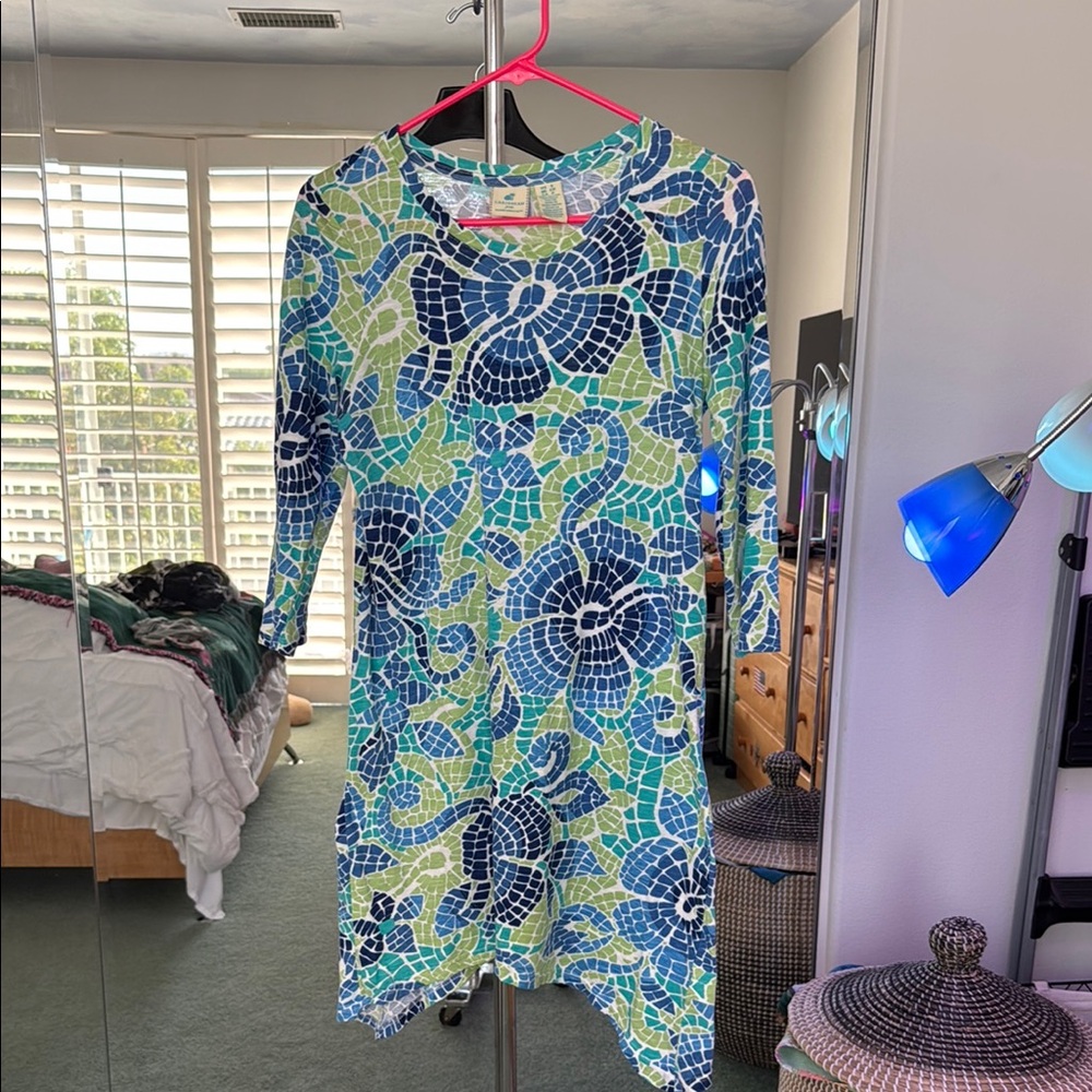 Caribbean Joe Blue Green Sheath Dress 3/4 Sleeve